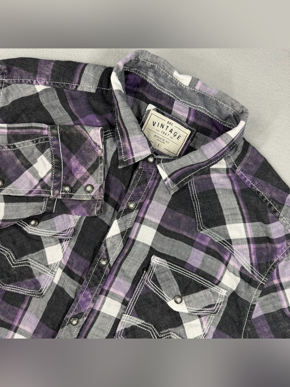 BKE Vintage Pearl Snap Western Shirt Men L Athletic Fit Purple Plaid Long Sleeve